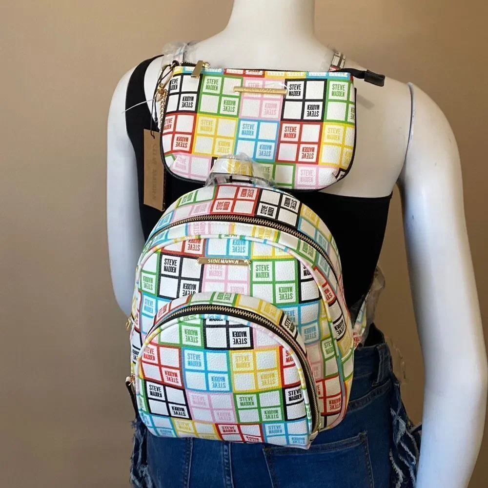NWT Steve  Madden Bjordan White Floral Logo Backpack - w/ Matching Wristlet